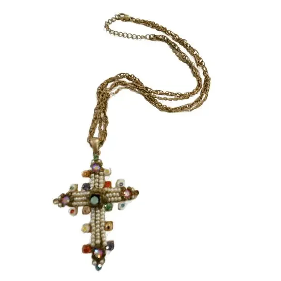 Vintage Cross Necklace with Crystals, Pearls and Rhinestones - Picture 2 of 11